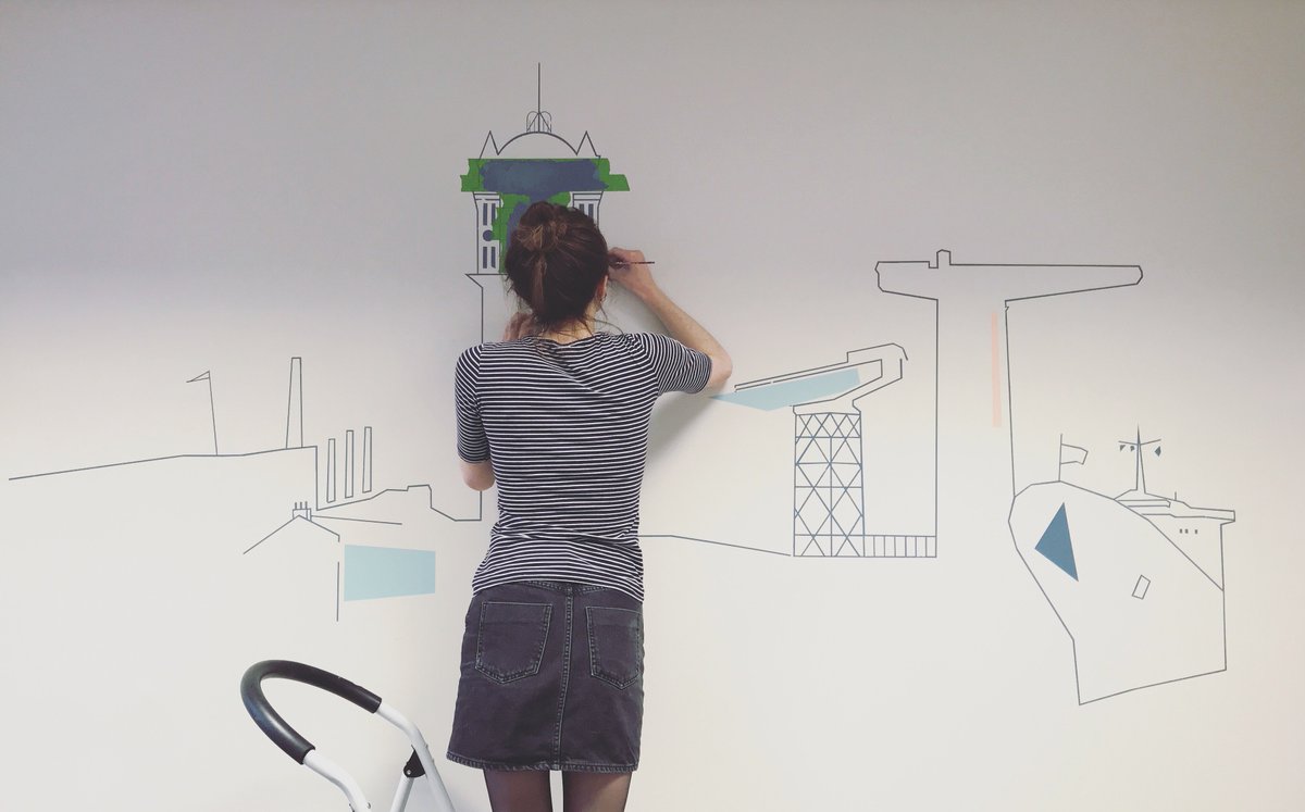 mairitimoney's tweet photo. I just finished my first mural for Concept Group - a company based in Clydebank. The design draws upon the landmarks and history of the surrounding area including The old Singer Factory, The Titan Crane and The QE2 ship. #Mural #Clydebank #Titancrane #QE2 #Singerfactory #Glasgow https://t.co/xEhoLjfx0B