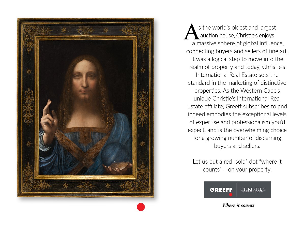 GreeffProps's tweet photo. Leonardo’s Salvator Mundi makes auction history
   
@ChristiesInc ’s sells the rediscovered masterpiece by the Renaissance master for an historic $450,312,500, obliterating the previous world record for the most expensive work of art sold at auction. #greeff#new#branding https://t.co/dcbm7YLriF