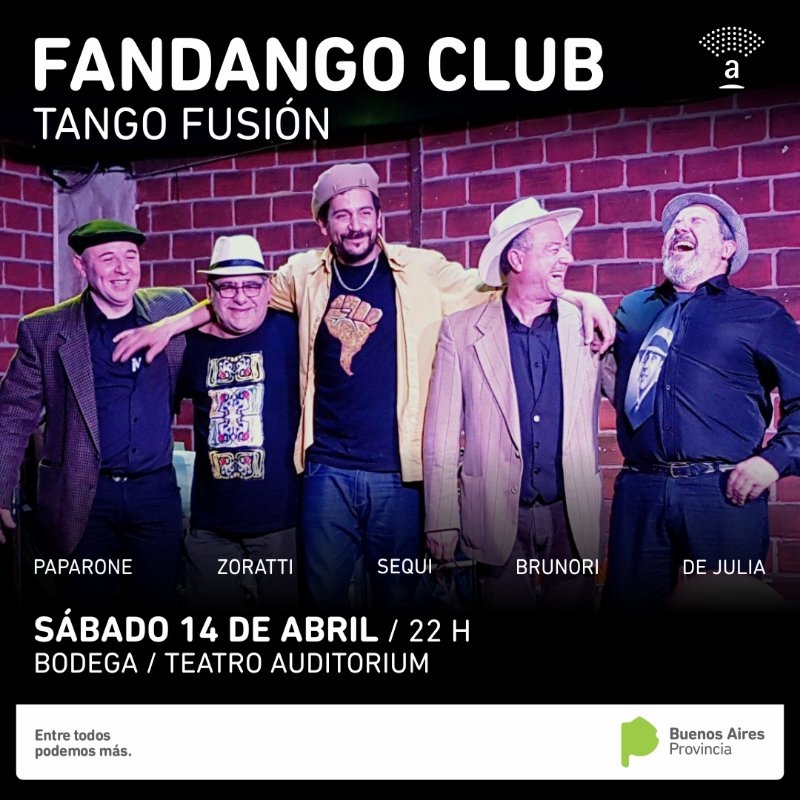 auditoriumrs's tweet photo. #Musica #FandangoClub la agrupación que interpreta tango fusión, integrada por los músicos Juan Brunori, Diego Zoratti, Marcelo Paparone, Ismael de Julia y Fabián Sequi, se presentará el sábado 14 de abril a las 22 h https://t.co/fH60ZumViQ https://t.co/BSHQ0kr5UE