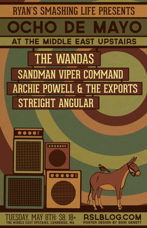 theRSL's tweet photo. FAVORITE POSTERS from past shows: 
From May 2012 RSL presented this sweet "Ocho de Mayo" lineup at @MidEastClub with @SandmanVC  @ArchiePowell and @streightangular which was dreamed up in a tour van in downtown Austin during SXSW almost two months earlier. Art by @treebeardmedia https://t.co/29xMBKuIVI