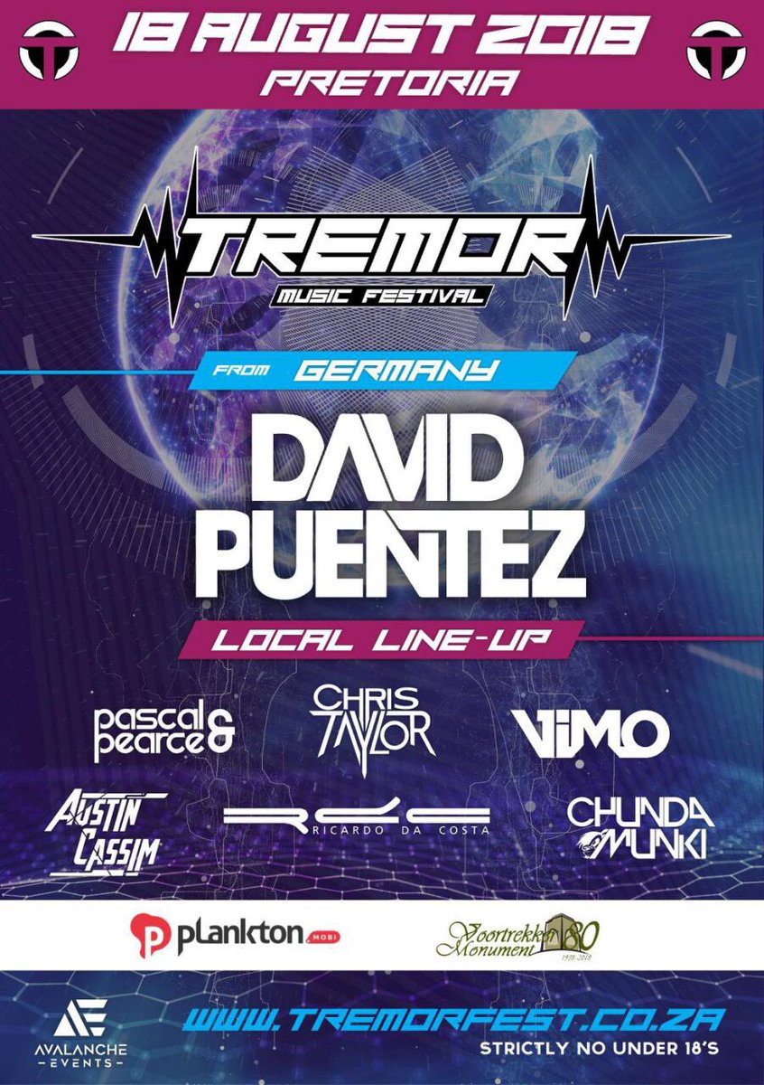 Exciting news!!! Announcing the Tremor Fest 2018 line up! All the way from Germany the world-renowned international DJ: ***David Puentez*** Local artists include: **Chris Taylor** **Pascal & Pearce** **Chunda Munki** **VIMO** **Austin Cassim** **Ricardo da Costa**