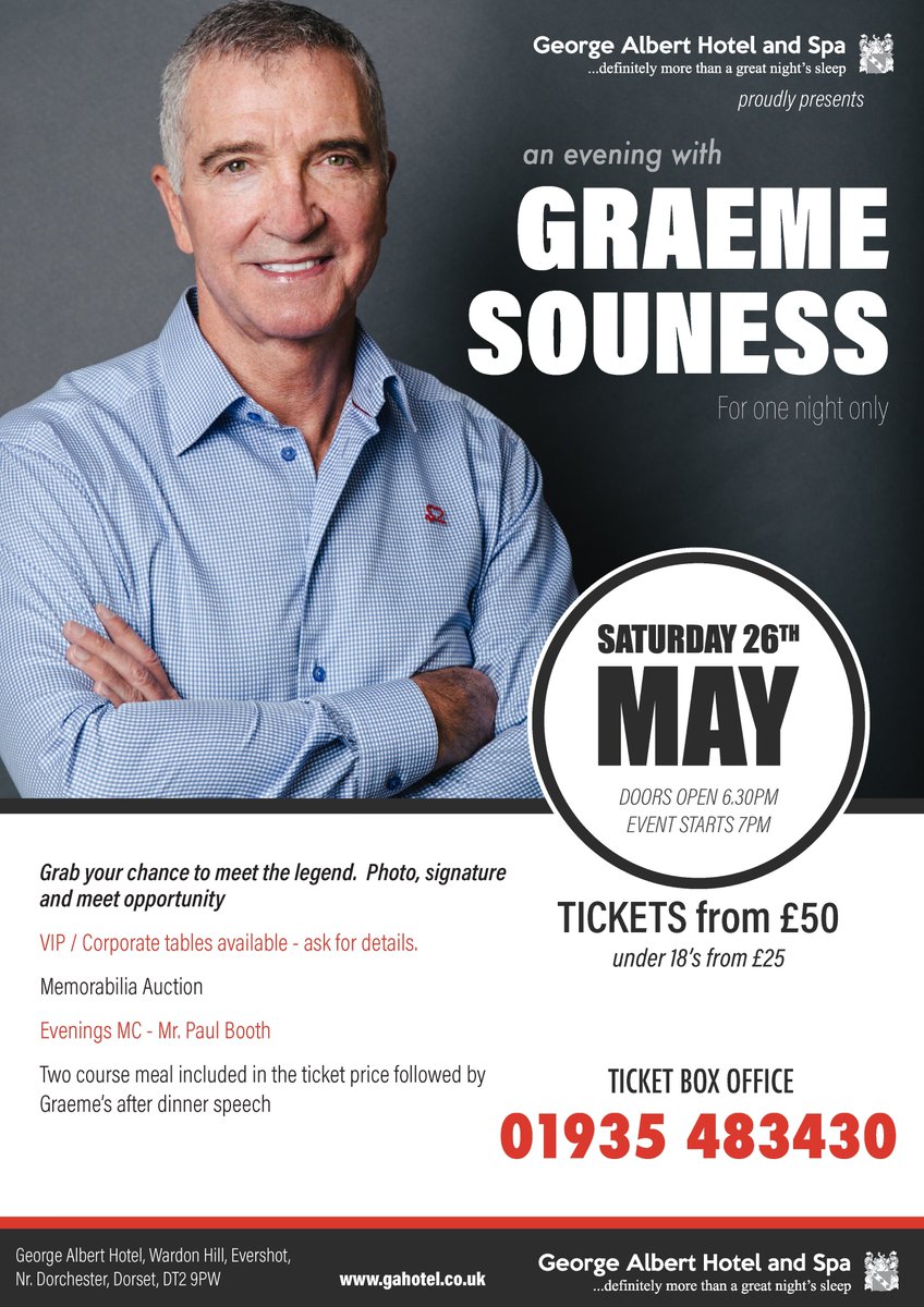 **** So LIVERPOOL overcame Man City for the 3rd time this season****
Why not come &amp; see if Graeme has any inside info on this &amp; England's chances in the World Cup. !!!
George Albert Hotel <a href="/GAHotel/">George Albert Hotel</a>  Saturday 26th May 2018.
Tickets available NOW
Call the hotel to book 01935 483430.