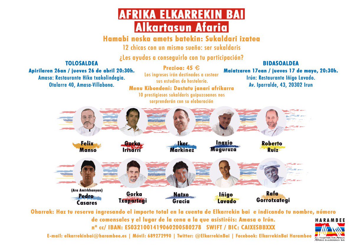 ¡Éstas son las fechas y los datos definitivos de la cenas solidarias! Compártelo para que llegue a más y entre todos hagamos realidad el sueño de estas 12 chicas! También se ha sumado el francés Richard Daulay, propietario del Maison Sukaldari de Arcangues. Ongi etorri taldera!