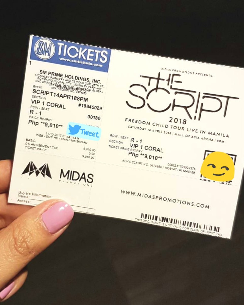 shummmershimmer's tweet photo. I'm selling my 1 extra VIP ticket for The Script 's concert in Manila tomorrow. Yep. It's discounted. DM me ,π #TheScript #TheScriptPh https://t.co/4I9cRFEIR4