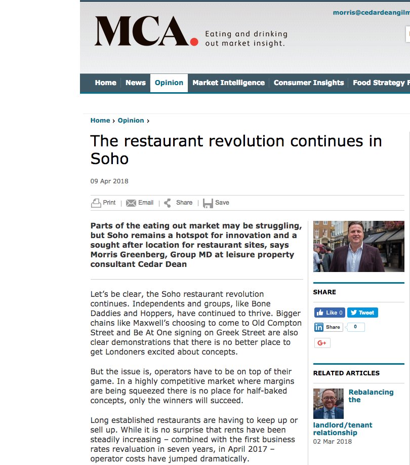 The #restaurant revolution continues in #Soho - <a href="/MCAInsight/">Finn Scott-Delany</a> feature our Managing Director <a href="/MorrisGreenberg/">Morris Greenberg</a>'s opinion piece on the #Soho market bit.ly/2HkXaU0 #CDGLeisure #CedarDeanGroup #Opinionpiece #MCA #Jointhejourney