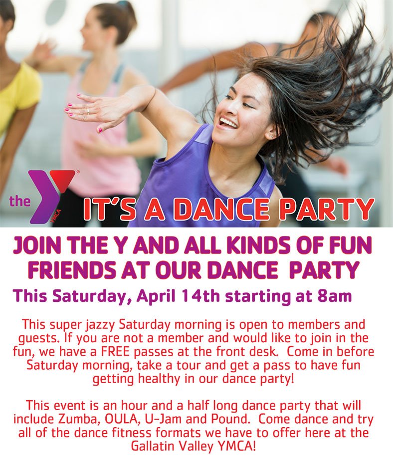 Join us tomorrow morning for our Y Dance party. This hour and half party will give you a taste of all the great dance fitness formats the Y offers; Zumba, OULA, U-Jam and Pound.
If you are not a member and would like to join in the fun, stop in-and get your FREE pass today.