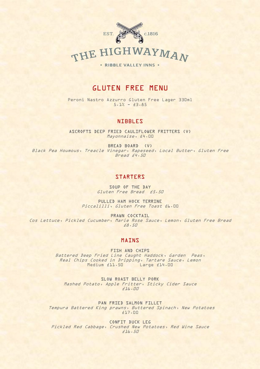 Highwayman_Inn's tweet photo. • GLUTEN FREE MENU •
Having an intolerance shouldn't mean missing out - that's why our gluten free options echo the main menu as closely as possible, offering you tasty choices without the worry.
Tag a gluten free friend who'd love to visit us. https://t.co/srue61YzBh