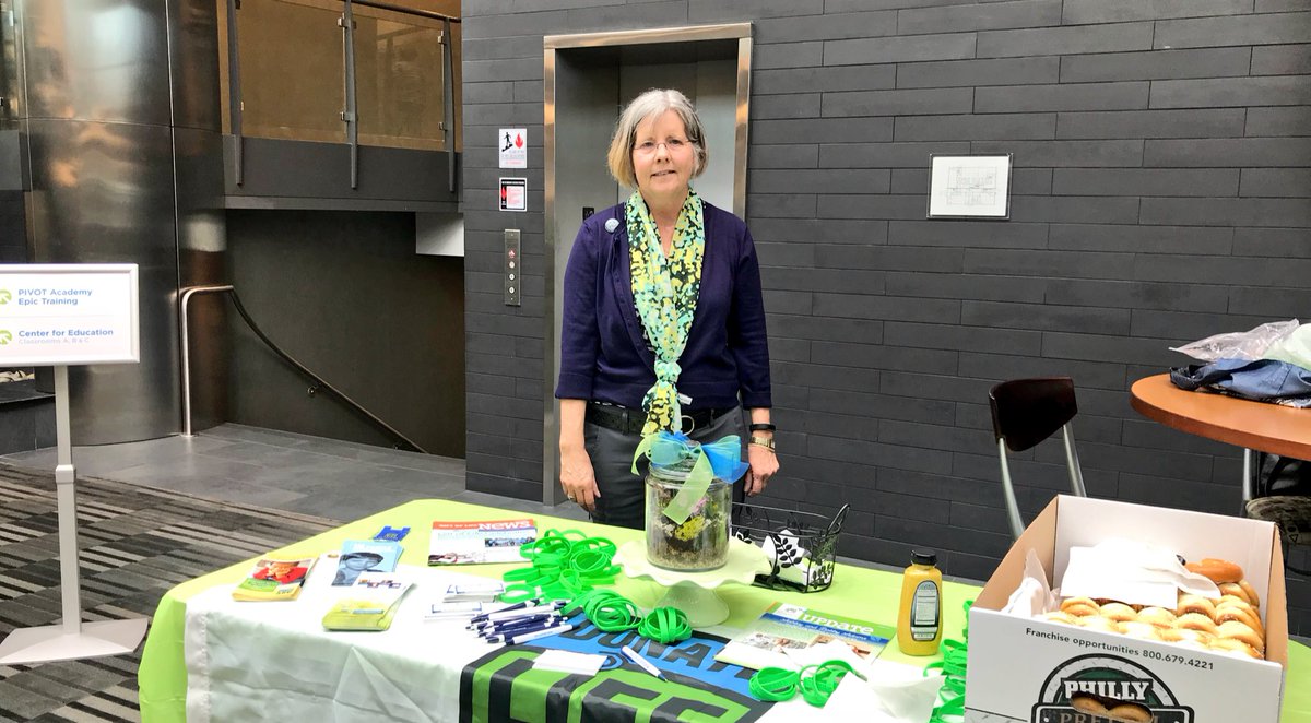 mainlinehealth's tweet photo. Kate Pardini of MLH HomeCare &amp; Hospice kicks off #BlueGreenDay at our Radnor office today with information about organ and tissue donation and—of course!—free pretzels. https://t.co/5QLmKRUq7H
