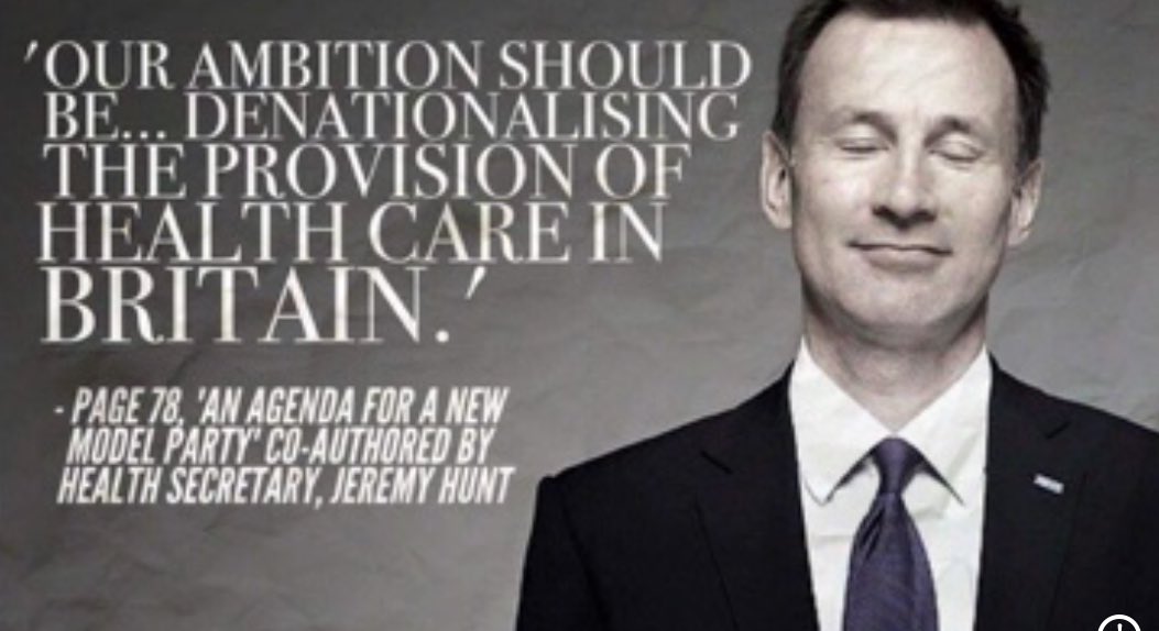 As you hear about Jeremy Hunt breaking money laundering laws today, please don’t forget that he also co-wrote a book that called for the privatisation of the NHS.

Please RT if you think that everyone should know.

#HuntMustGo