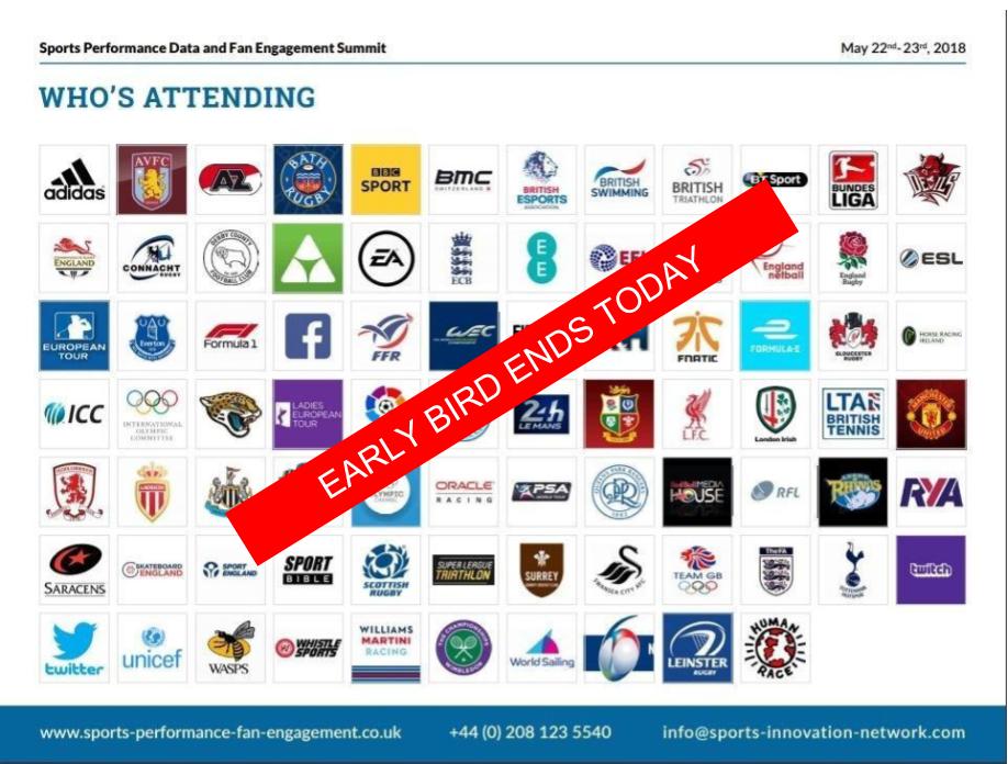 Dont know how effective Twitter is for B2B communication but lets see! Early bird for our London Sports PDFE Summit ends today! If you work in #SportsPerformance #sportstech this 600 ppl summit is the one for you. See our website here: …orts-performance-fan-engagement.co.uk #SportsDataLondon