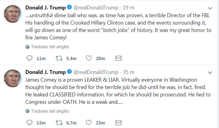 Donald Trump es lleva súper empipat amb els primers extractes apareguts del llibre de l'excap de l'FBI, James Comey. Amb la subtilesa que el caracteritza, el president dels EUA afirma que Comey és un mentider i que va ser un gran honor fer-lo fora.