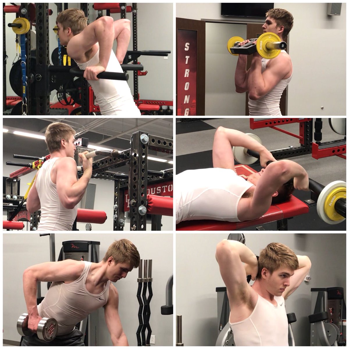 CoachAlanBishop's tweet photo. Houston Basketball Arm Farm Friday:
Sleeves Optional, Gainz Mandatory
All Sets 2x8-12 4010 Tempo
A1 - Dips
A2 - Semi Pronated Curls
B1 - Chin Ups
B2 - Lying Triceps Ext.
C1 - Single Arm DB Row
C2 - Overhead Midline Triceps Ext.
#MakingMonsters #SwoldierNation https://t.co/kOIzJsLgQZ