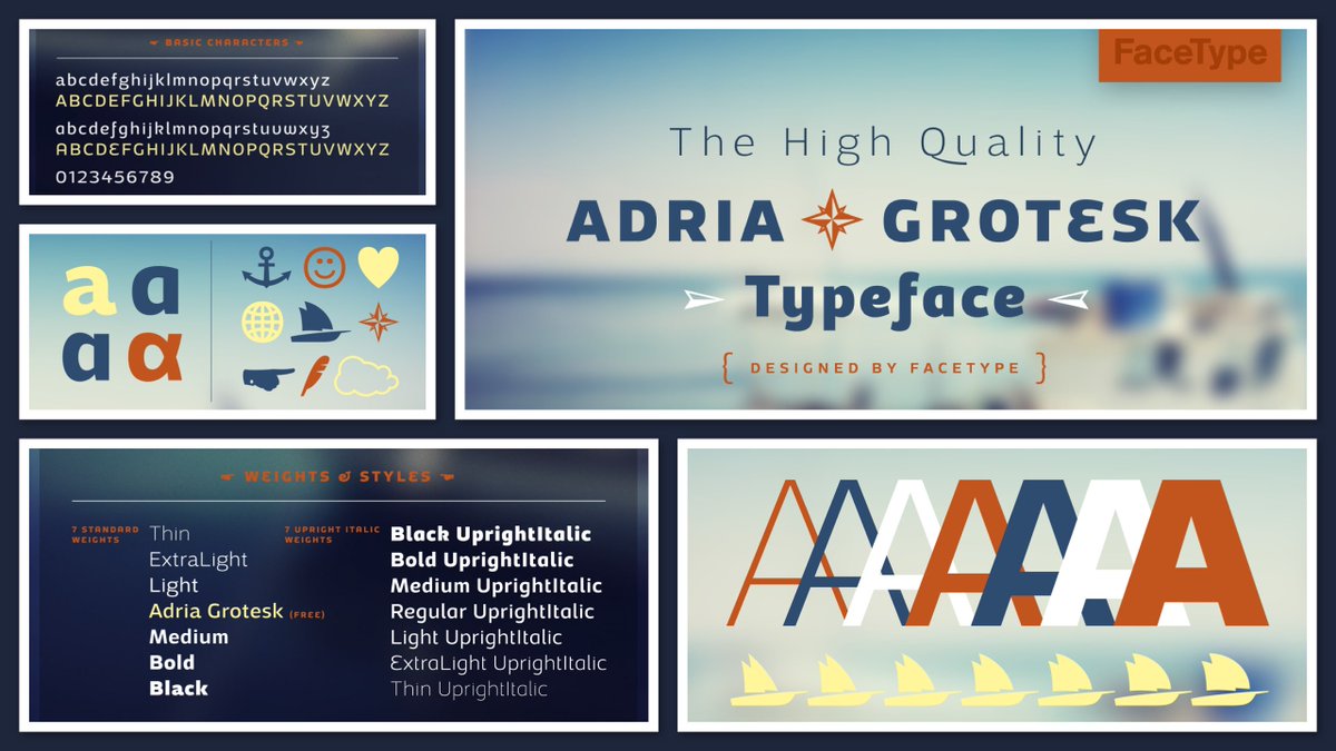 MyFonts's tweet photo. Described as “superfriendly and sunny,” this humanist typeface family is available in seven weights, with matching upright italics. It’s #FreeFontFriday, so go take the regular weight of Adria Grotesk for a spin at no cost https://t.co/magY2aFOpV https://t.co/hNwNG6dzLY