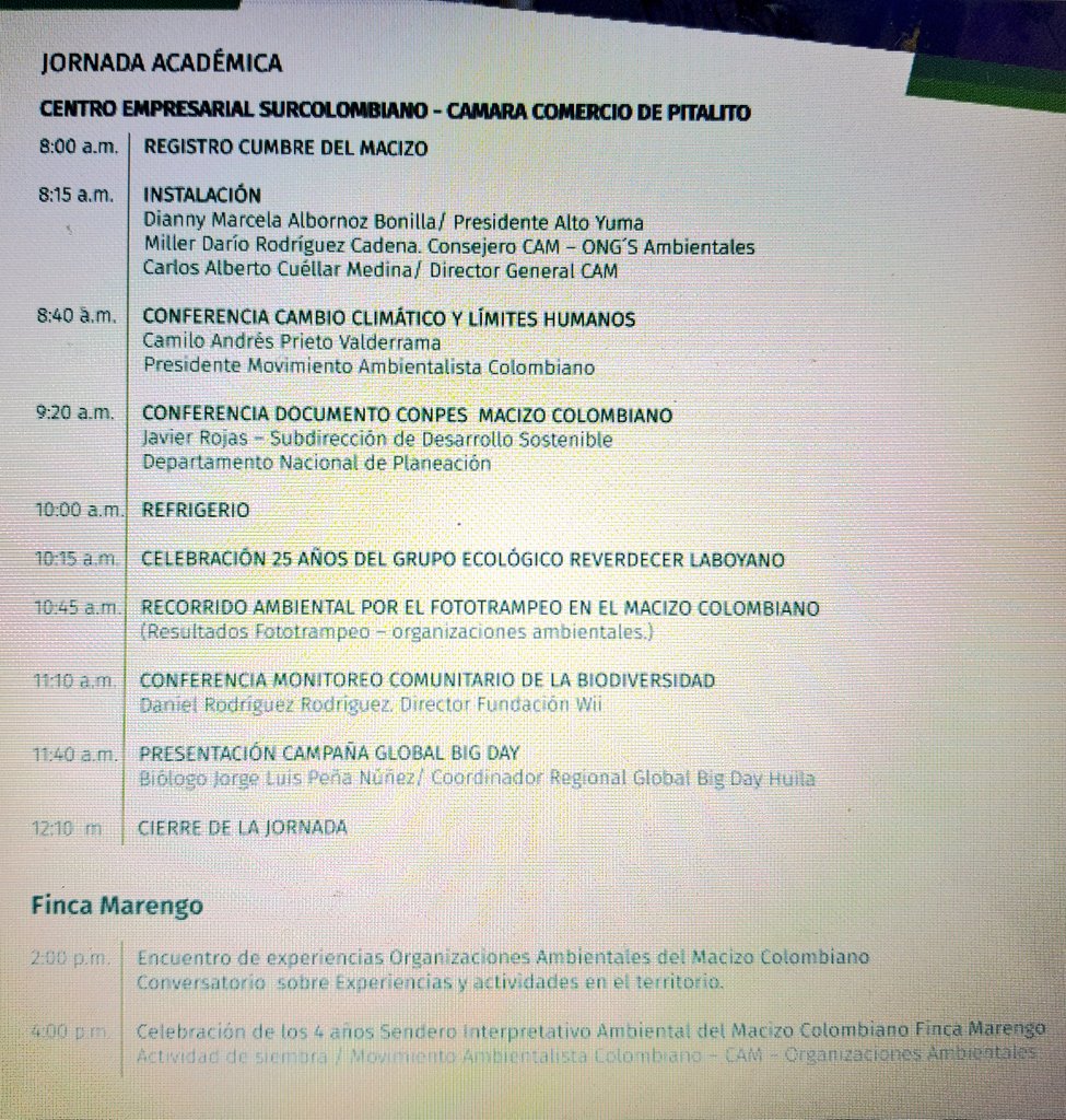 CGONZALEZCAM's tweet photo. #MAÑANA 14 de abril de 2018 Paticipa en la agenda #CumbresDelMacizoColombiano "Una oportunidad para pensar nuestro territorio", 8am Camara de Comercio Agenda Académica / 2pm #FincaMarengo Celebración 4 años Sendero Ecológico del macizo colombiano #Pitalito @CAMHUILA #AltoYuma https://t.co/L5hN4PJDIM
