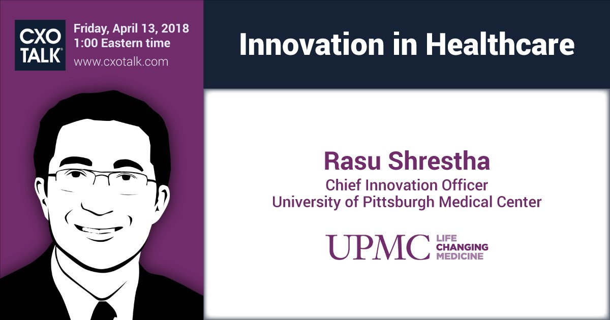 RasuShrestha's tweet photo. Join me for lunch today! I'll bring food for thought.

"What it means to innovate in healthcare today"

#CXOtalk LIVE at 1pm ET. 

https://t.co/tRw1HsRjUS

#HDPalooza #OpenAPI #UPMCinnovates #pinksocks https://t.co/ndgKnwdfCe