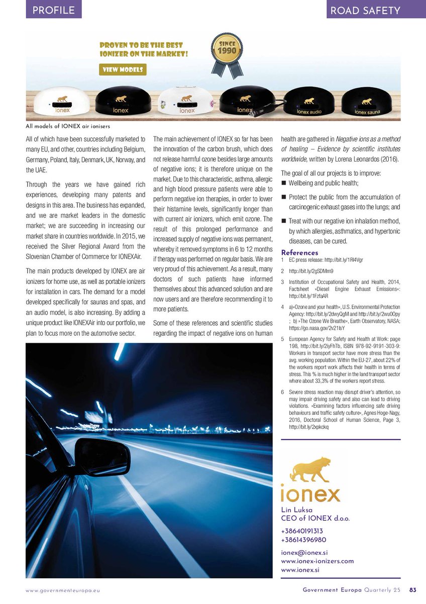 IONEX_ionizers's tweet photo. Read an article from Government Europa Quarterly 2018 about our Horizon2020 SME Instrument project ''IONEXAir'', which has been granted from EASME in 2017. The project is running full steam ahead! #IONEXAir #IONEX #CleanAir #RoadSafety https://t.co/qaj5WQ4Gei