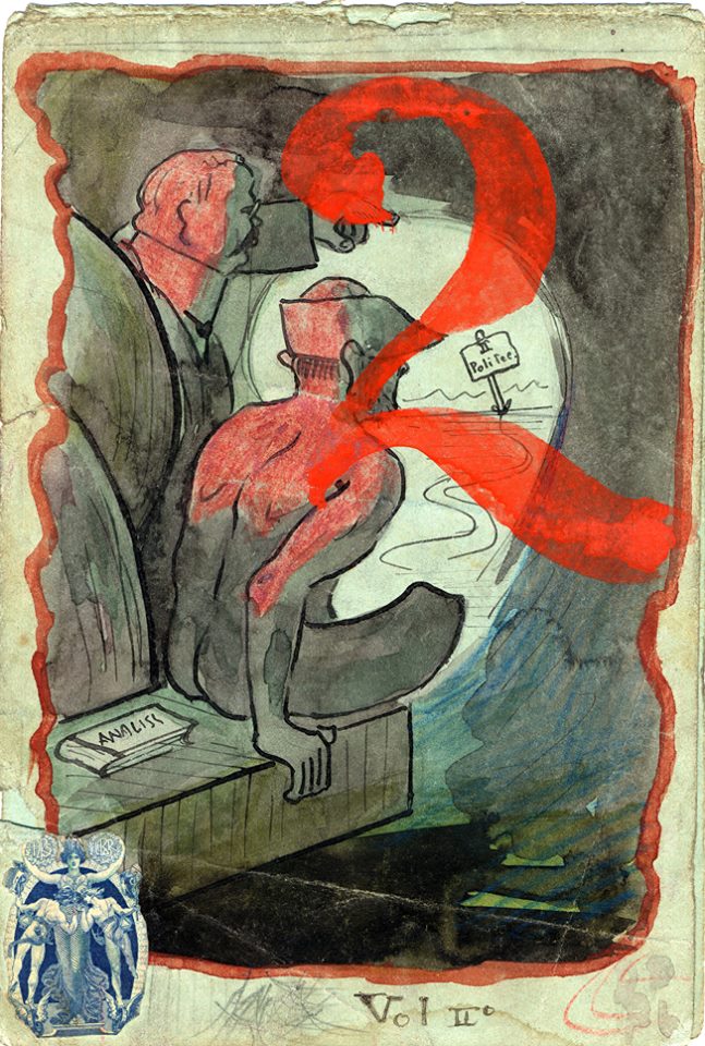 #PP130
Copertina della dispensa di analisi II
#Milano, 1907, Colore su carta
Lo studente #Portaluppi, con il cappello goliardico accanto al preside, scruta all’orizzonte la fine del 2° anno accademico. Il disegno cita fedelmente il manifesto dell’#expo 1906. <a href="/FondazionePP/">FondazionePortaluppi</a>