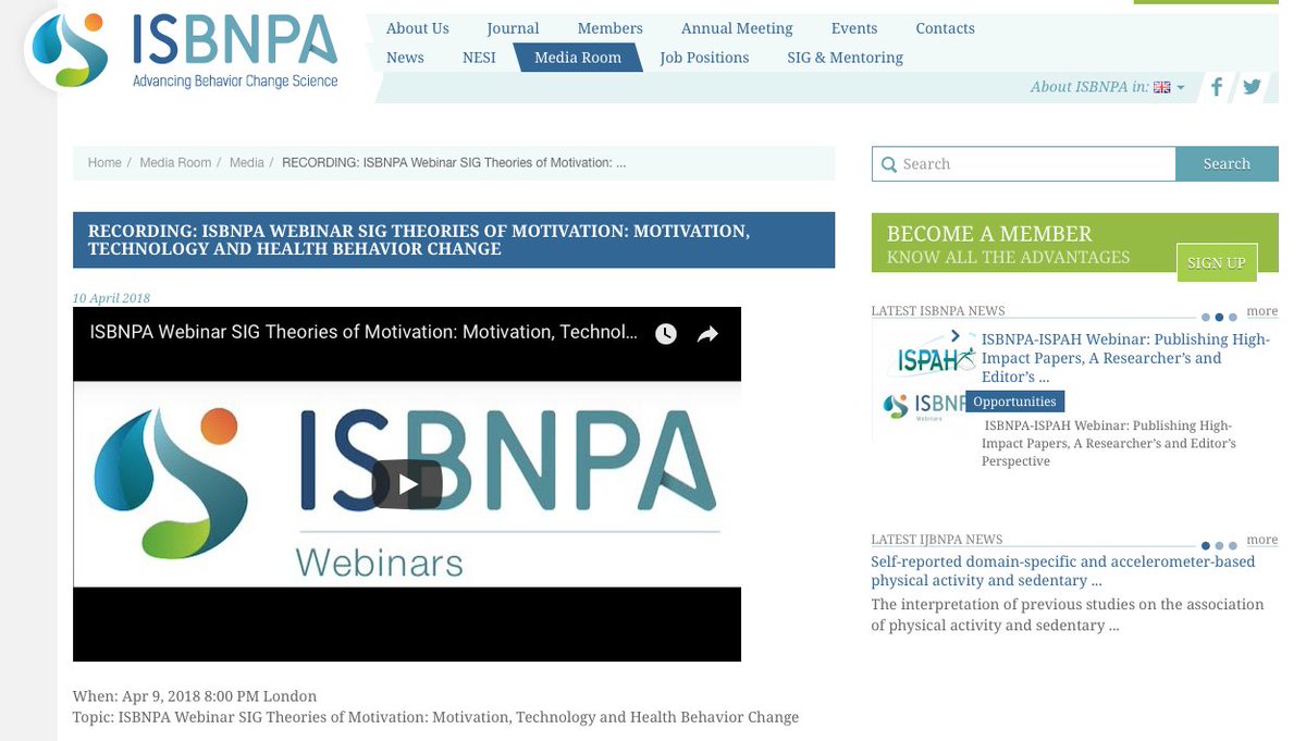 ISBNPA's tweet photo. ISBNPA Webinar SIG Theories of Motivation: Motivation, Technology and Health Behaviour Change. Recording available at https://t.co/1Nlnbxl3dX https://t.co/zLv0vGb3OK