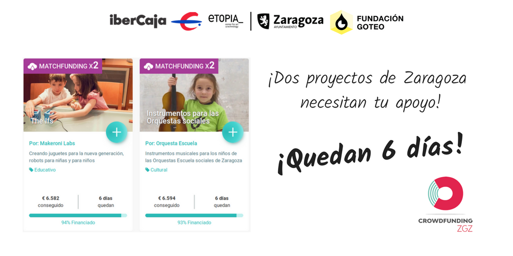 goteofunding's tweet photo. Sólo 6 días para que termine el matchfunding #crowdfundingZGZ y ¡2 de los 4 proyectos aún necesitan un último empujón!

¿Les ayudas? ¡Cada aportación multiplica por 2!

👉https://t.co/zIWWjtJ5Hh
👉https://t.co/AO12Fgiwm4

#Zaragoza #ZGZ #Aragon https://t.co/JLlDCxQXP3