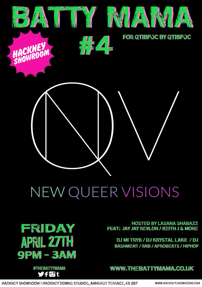 thebattymama's tweet photo. Friday April 27th will be our first collaboration w/ #NewQueerVisions @hackneyshowroom! All night we'll have #shortfilms that centre #BlackQueer #Stories #Love & #Passion as part of our #AltBlackQueerPROM.
Curated by @simonsavory & @hakeemkaxeem - Tix: https://t.co/3x7Y25YaqV https://t.co/dIisWSZm8M