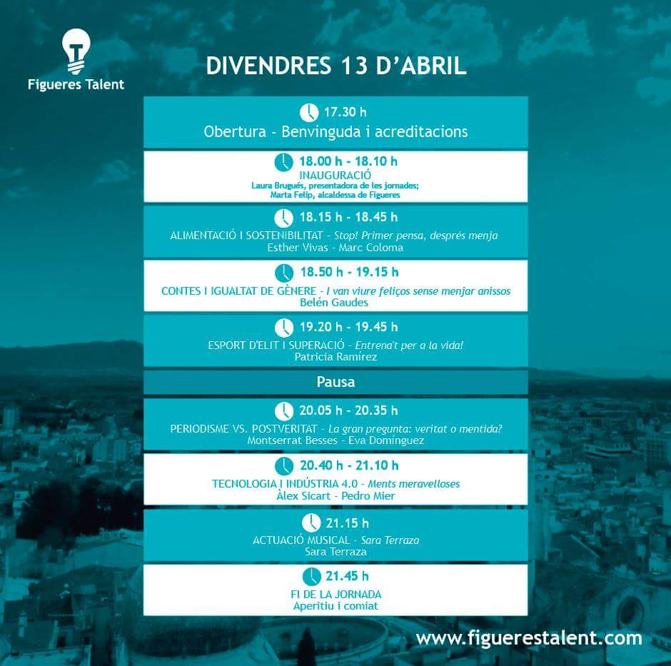 figuerestalent's tweet photo. 🕐 Aquest és el programa d'avui divendres 13 d'abril al #FigueresTalent! 💡 

Us esperem a l'Auditori dels Caputxins, a partir de les 17.30 h 👌 https://t.co/cQMgIbJ35I