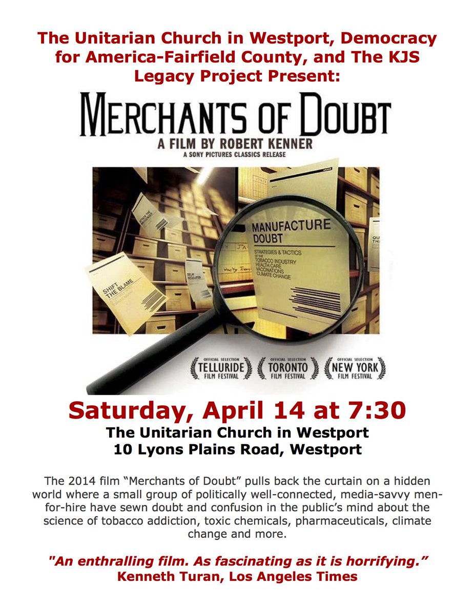 DFAinCT's tweet photo. Reminder: Join @DFAinCT April 14th at 7:30PM in Westport for a FREE screening of documentary "Merchants of Doubt". Fairfield U. Communications Prof. Adam Rugg will lead a discussion about fake news and fabricated doubt after the movie. https://t.co/KAnbgwnKYK https://t.co/ddypOMzSkO