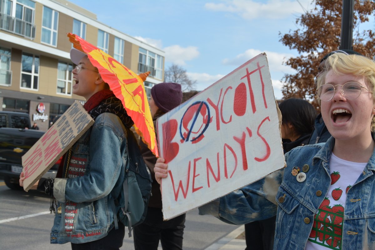 ciw's tweet photo. NEW POST! Students from coast to coast declare: “It’s On, @Wendys!” Wendy’s under fire in 20+ cities for attempting to push farmworker women out of the #MeToo movement… https://t.co/Olck9e36Gf #ItsOnWendys @sfalliance #BoycottWendys https://t.co/ERucWHoVX5