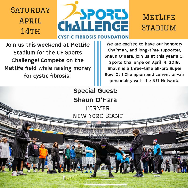 CFF_NJ's tweet photo. Come join us this Saturday at MetLife Stadium and challenge yourself! We are so excited that @ShaunOHaraFDN @ShaunOHara60 will be joining us! #CFSportsChallenge #CFFGreaterNJ #MetLife #CureCF https://t.co/sGQtlAeLqt