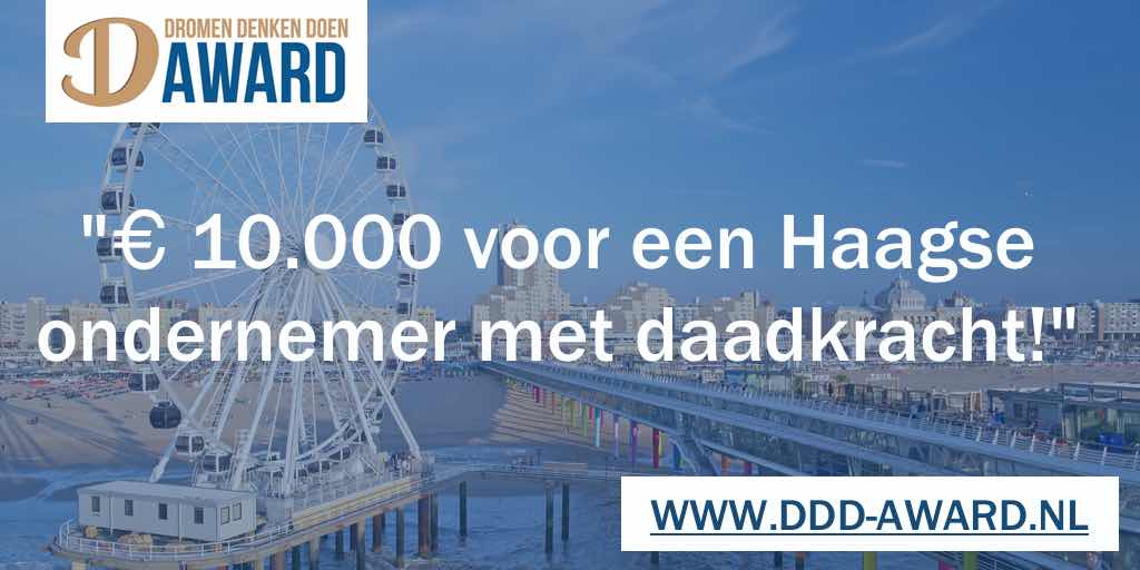 Op zoek naar ondernemers die Den Haag mooier en beter willen maken! Win €10.000 met je plan (tot en met 5 mei de tijd om in te dienen)... Kijk op ddd-award.nl voor meer informatie.