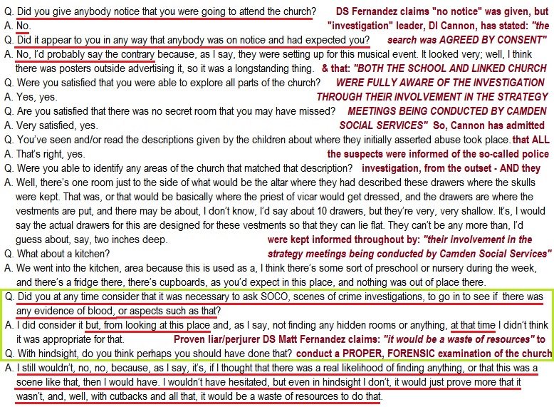 drifloud's tweet photo. #HampsteadCoverUp Extract from transcript of DS Fernandez's Court testimony, 20/2/2015 (condensed to single space/no numbered border). DS Fernandez commits perjury claiming: "no notice was given" prior to search of church - yet DI Cannon has confirmed it was "AGREED BY CONSENT" ! https://t.co/Kt3xbbqmFS