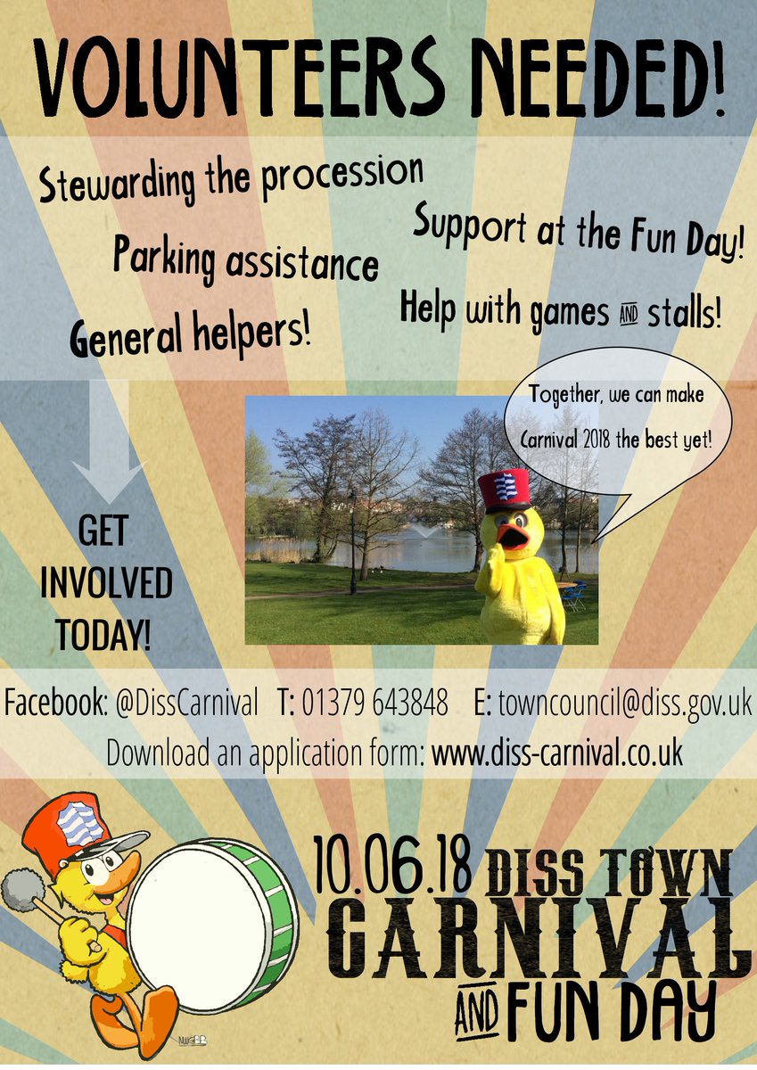 Diss Carnival desperately needs volunteers to help out with various roles on Carnival Day- Sunday 10th June! Can you help? Contact us today!