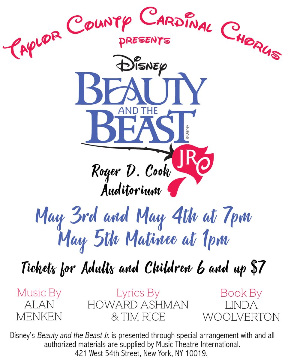 TC_Schools_KY's tweet photo. Taylor County Cardinal Chorus
presents
Beauty and the Beast, Jr.

May 3rd and May 4th at 7pm
May 5th matinee at 1pm
Roger D. Cook Auditorium

Ticket prices at the door
Adults and children 6+: $7
Children 5 and under: FREE https://t.co/uq8Xy6OJ2x