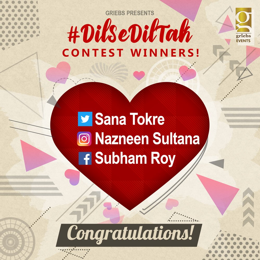 GriebsMedia's tweet photo. Heartiest Congratulations to our lucky winner @SanaTokre
We thank each and everyone who participated in the contest. Please don't be disheartened as we're going to have more contests.
We really appreciate your efforts. Thank you all!
#DilSeDilTakTour #GriebsEvents #Winners https://t.co/aUbxYTjTvL