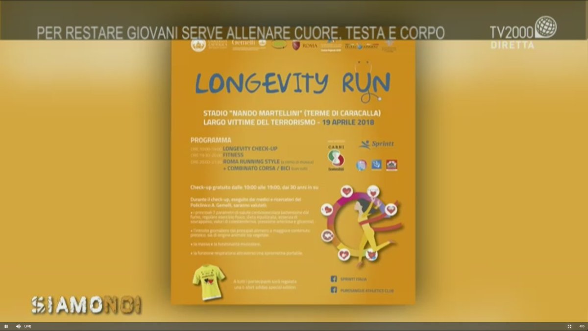 Francesco Landi, geriatra: "La #longevityrun promuove l'importanza della #prevenzione. Il #19aprile dalle 10 di mattina nello stadio delle Terme di Caracalla lo stand del longevity check-up con postazioni per misurare pressione, colesterolo, glicemia gratis". #siamonoitv2000