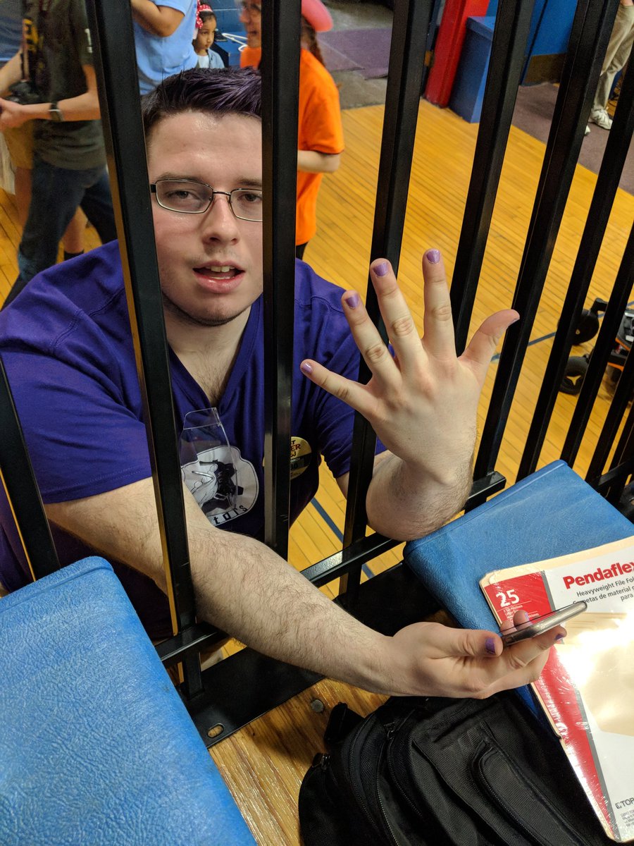 mrsheintzman's tweet photo. Our spirit is 💯 with our hair, eyebrows, and nails painted purple! Another day of robots! #wearewayne @frc4580 https://t.co/SZIgOjsaQt