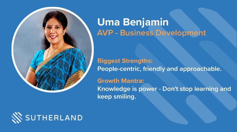 SutherlandHires's tweet photo. Sutherland has many successful leaders. Checkout one of our #StrongSutherland leaders, Uma Benjaminβs, biggest strength and growth mantra! #SutherlandCareers #JoinUs #Greatplace2work https://t.co/DTAva9EPeH