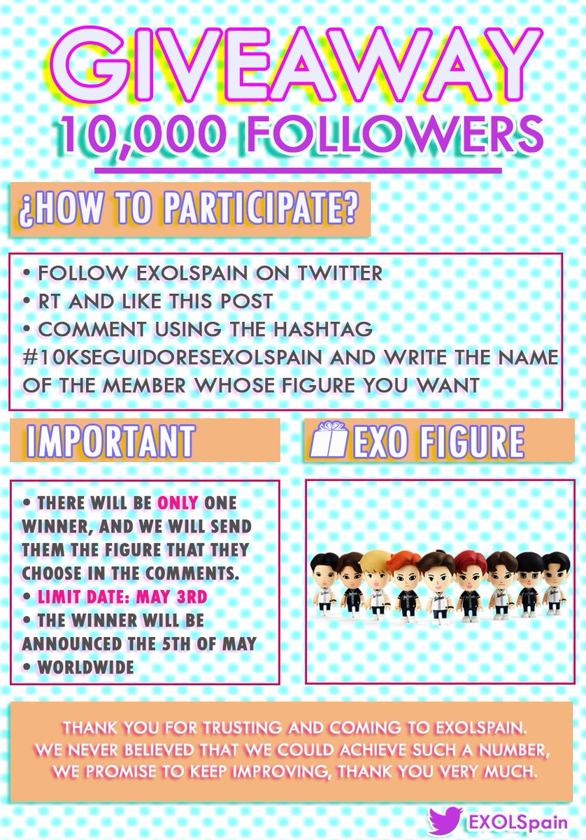 EXOLSpain's tweet photo. ¡Llegamos a los 10k seguidores!🎉

Gracias a todos los que nos seguís, como muestra de agradecimiento os traemos un #SORTEO

+ Más en la 📷

--

¡We've reached 10k followers!🎉

We appreciate everyone who follow us so to show our gratitude we've prepared a #GIVEAWAY

+ More on 📷 https://t.co/2mFbF303KL
