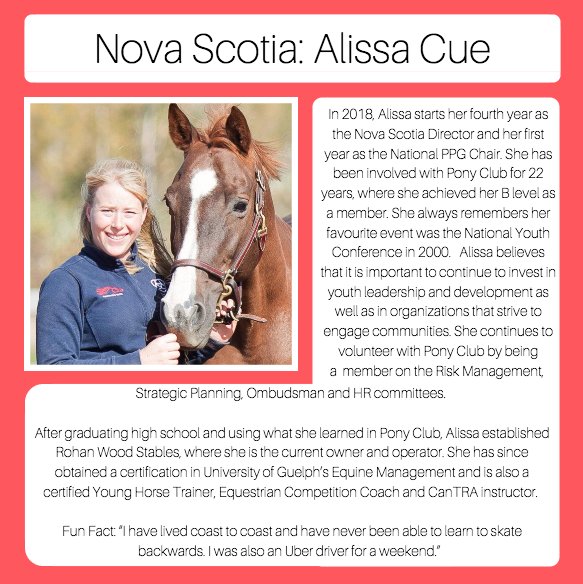 CdnPonyClub's tweet photo. #FridayFeature #MeetTheBoard Each week we will be featuring a member of the Canadian Pony Club National Board of Directors. This week we will be featuring Nova Scotia's Director, Alissa Cue! https://t.co/aaaD2buLCw