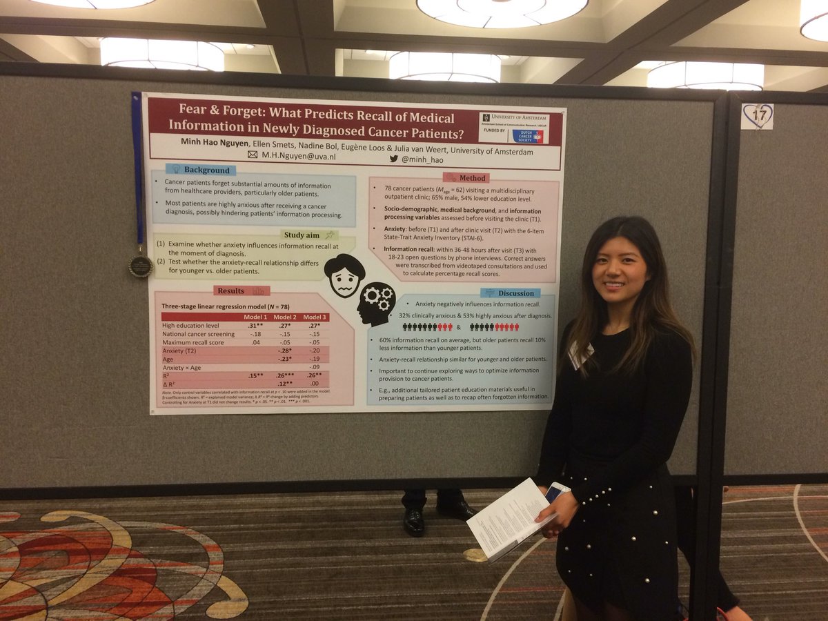 UvA Persuasive Com (@uva_perscom) on Twitter photo .<a href="/minh_hao/">Minh Hao Nguyen</a> just got an honorable mention poster award at #kchc2018 for her work on anxiety and recall in older diagnosed cancer patients #achc with coauthors <a href="/JuliavanWeert/">Julia van Weert I @JuliavanWeert@mastodon.nl</a>, <a href="/EMASmets/">Ellen Smets</a>, <a href="/Nadine_Bol/">Nadine Bol</a> and Eugene Loos .<a href="/minh_hao/">Minh Hao Nguyen</a> just got an honorable mention poster award at #kchc2018 for her work on anxiety and recall in older diagnosed cancer patients #achc with coauthors <a href="/JuliavanWeert/">Julia van Weert I @JuliavanWeert@mastodon.nl</a>, <a href="/EMASmets/">Ellen Smets</a>, <a href="/Nadine_Bol/">Nadine Bol</a> and Eugene Loos