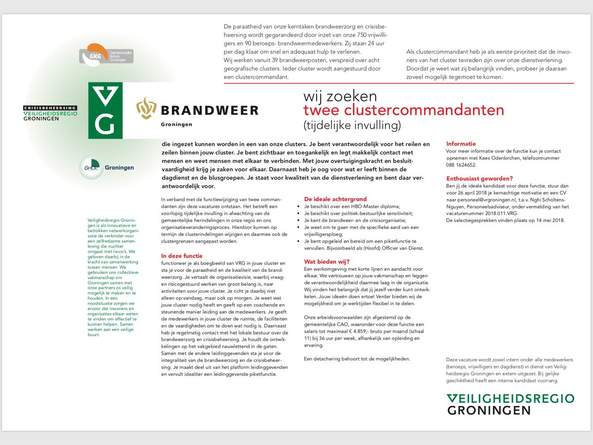 roelf_knoop's tweet photo. En weer twee leuke vacatures bij @VRgroningen @BRWGroningen #clustercommandant https://t.co/nSL5k6wW90