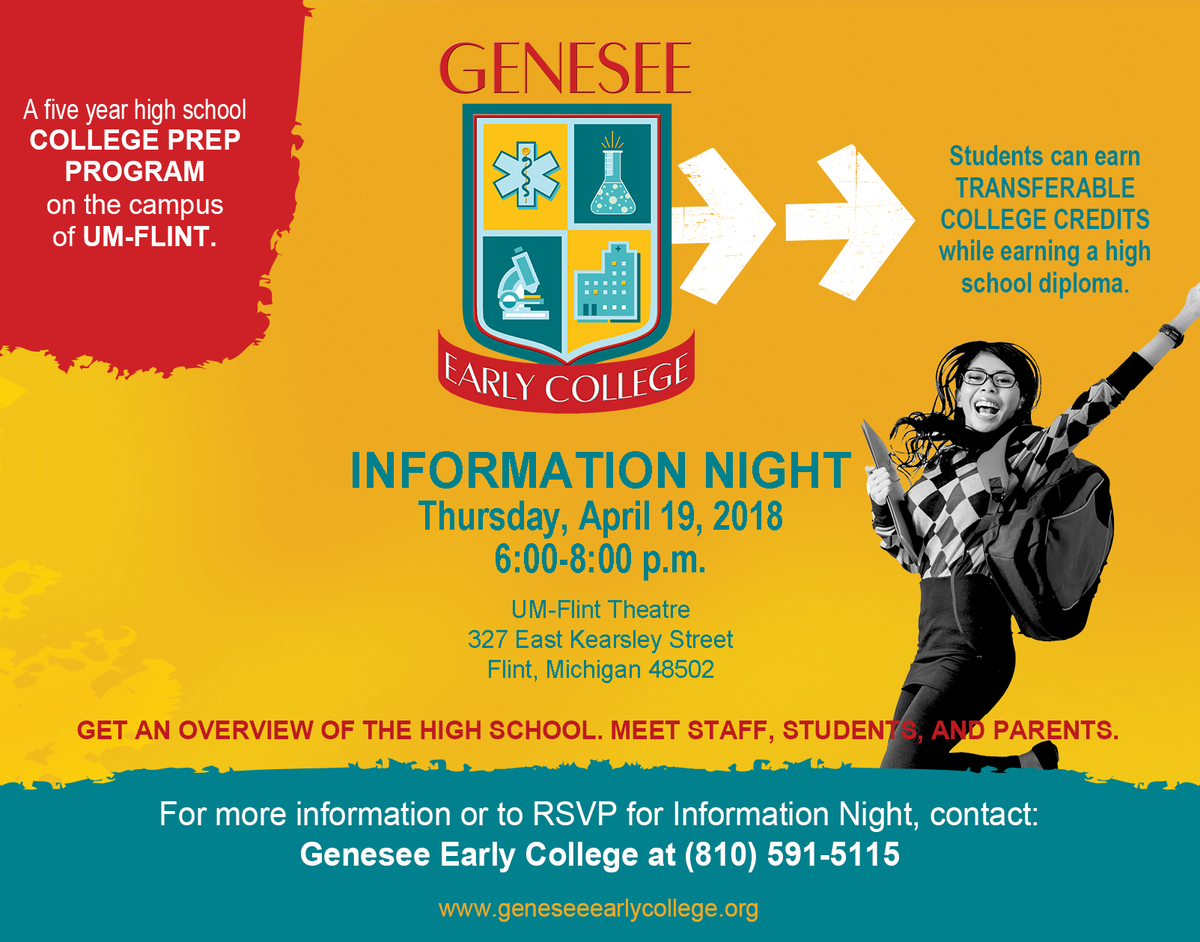 GeneseeISD's tweet photo. Bring your teen to @GECHigh_School Information Night on April 19 to learn about Genesee Early College, a healthcare &amp; STEM-focused college prep HS where they can also earn FREE college credits! https://t.co/i7lMJAt63X