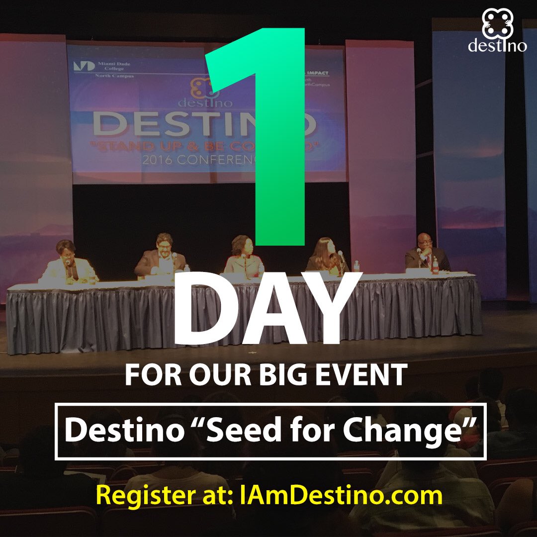 destinoleaders's tweet photo. We are just 1 day away for our big event #Destino #seedforchange You still have time to register, click on the link in the BIO or go to https://t.co/oOmmtprloS to register free today! #yosoydestino #miami #miamidade #events #eventsinmiami #mdc #mcdcommunity #leadership #leaders https://t.co/mLSbsNDUTq