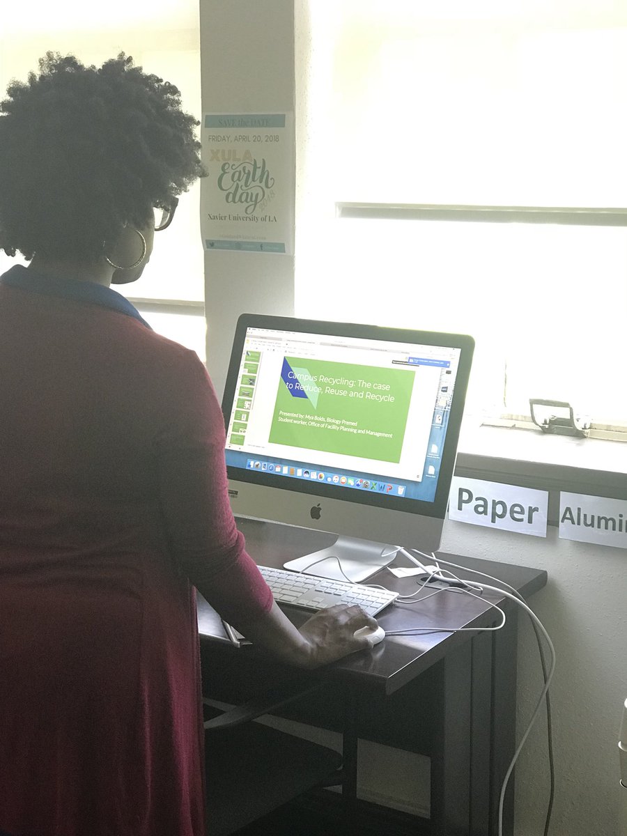XULA_Green's tweet photo. Pre-Med student & Green Ambassador, Mya Bolds will present today at Festival of Scholars (FOS) Rm 205c in the UC on Recycling at XULA @MarionBBracy @XULAPremed @XULA_Green @XULApres
♻️ #GoldandWhiteIsGreen
#EarthDay@Xula4/20 #7moredays ReduceReuseRecycle #Learningw/H2O https://t.co/A5iAbz54An