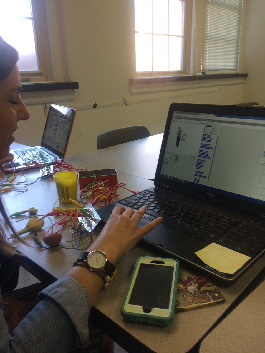 anbroaddus's tweet photo. Can't wait to figure out how to incorporate @makeymakey in my language arts classes! So fun making banana bongos today at #brainstorm2018 #innovate2021 @Greene_Schools https://t.co/im3MW5Q5bB