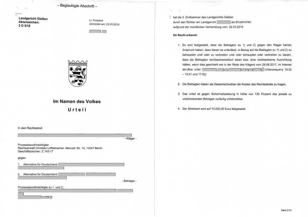 politicalbeauty's tweet image. Das Landgericht Gießen hat heute festgestellt, dass die AfD hochoffiziell als rechtsextreme Partei bezeichnet werden darf. Via @Loeffelmacher