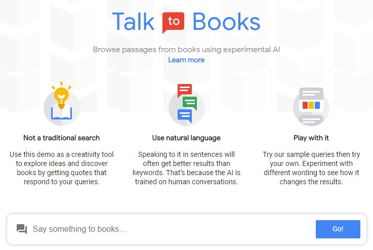 101i's tweet image. Google launches "Talk to Books" - an AI-powered experiment where you ask questions and Google finds related passages from books books.google.com/talktobooks/ #edtech #GSuiteEDU #GoogleEDU #engchat