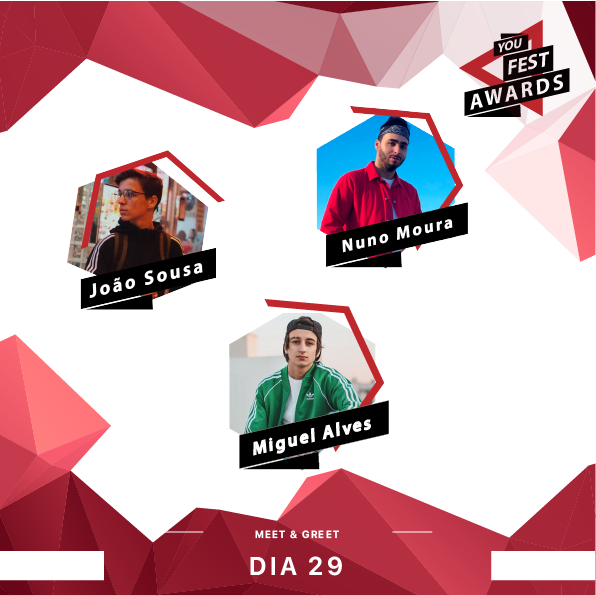 Dia 29 de abril, na sala Awards, irá decorrer o Meet&amp;Greet do <a href="/nunomoura96/">Nuno Moura</a>, <a href="/joaosousayt/">JUAN SOSA 🌙✨🌸🎢💕</a>  <a href="/miguelalvesz/">MIGUEL ALVES</a> das 11:00h às 13:00h. Vais perder esta oportunidade? Garante já o teu Bilhete! ;-) #youfestawards #yfa2018