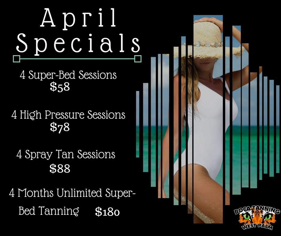🚨🚨APRIL SPECIALS!🚨🚨

🌼Stop in before 4/30/2018 to grab one or a few of these specials. 

The savings are surely incredible! See you soon.

#aprilsale #supersavings #highendsalon #superbedsalon #palmbeach #westpalmbeach #btcwpb #southflorida #tan #tanning #tanned #tannedskin