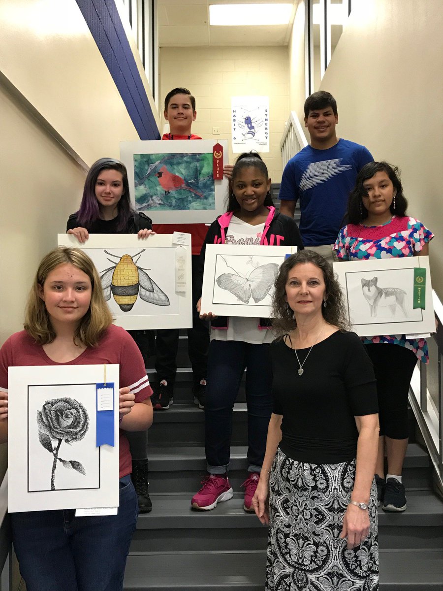8 BMS students won awards in county, regional, and statewide art competitions.  Pictured from top, let to right:  Dane Dupuis, Angel Sanchez, Lilyan Montague, Emeril Jones, Celeste Mendez, Emily Martin, and teacher Dale Seal.  Not pictured:  Antonio Cage and La'Mia Crutchfield.