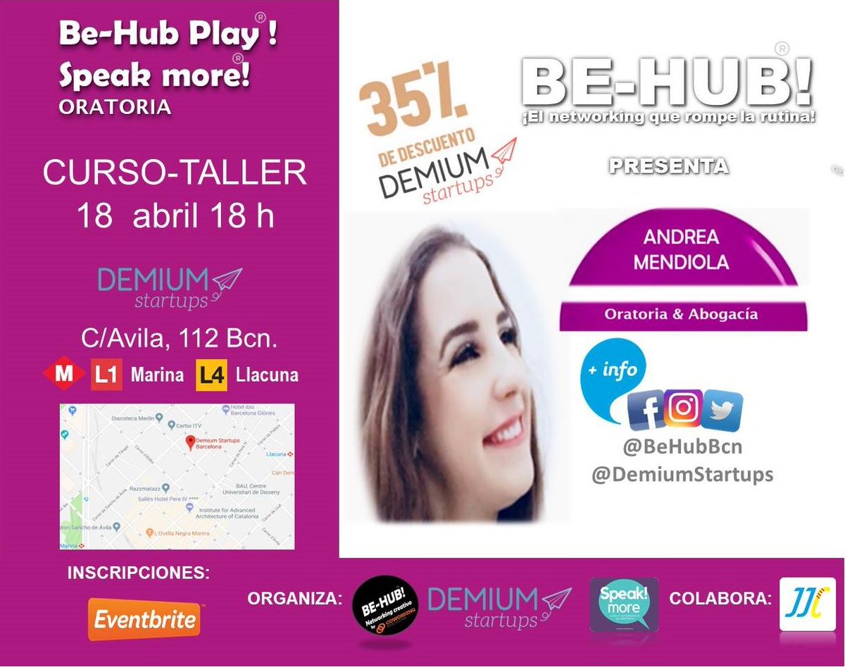 Mission_Fund's tweet photo. Curso de oratoria de @BeHubBcn con la participación de Andrea Mendiola, ofrecerá las claves para mejorar tu pitch y mucho mas. ¡El Networking que rompe la rutina! #behub Inscribirte en el siguiente link y aprovecha la oferta. https://t.co/7oFLHM5UOy https://t.co/s8ixOLdLGT
